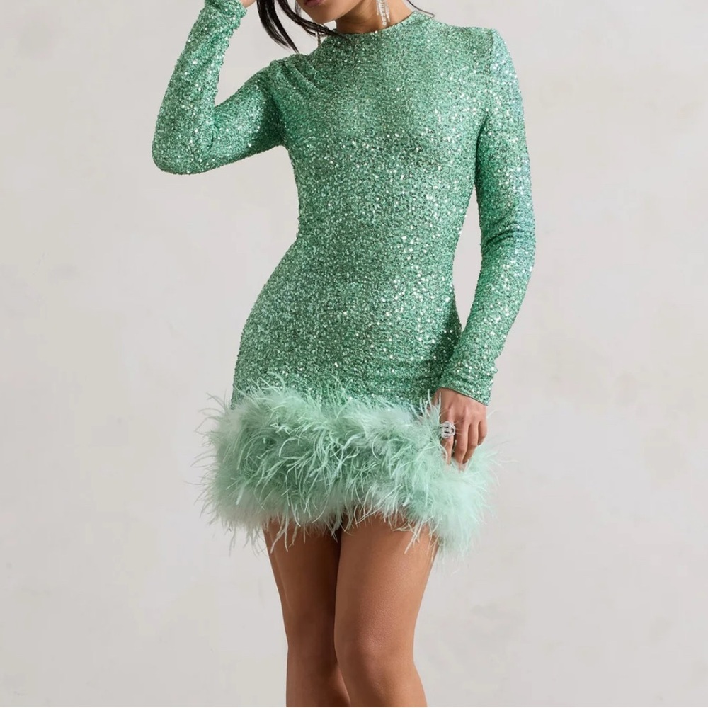 Claudia Mint Green Sequin Feather Mini Dress - CLUB L LONDON